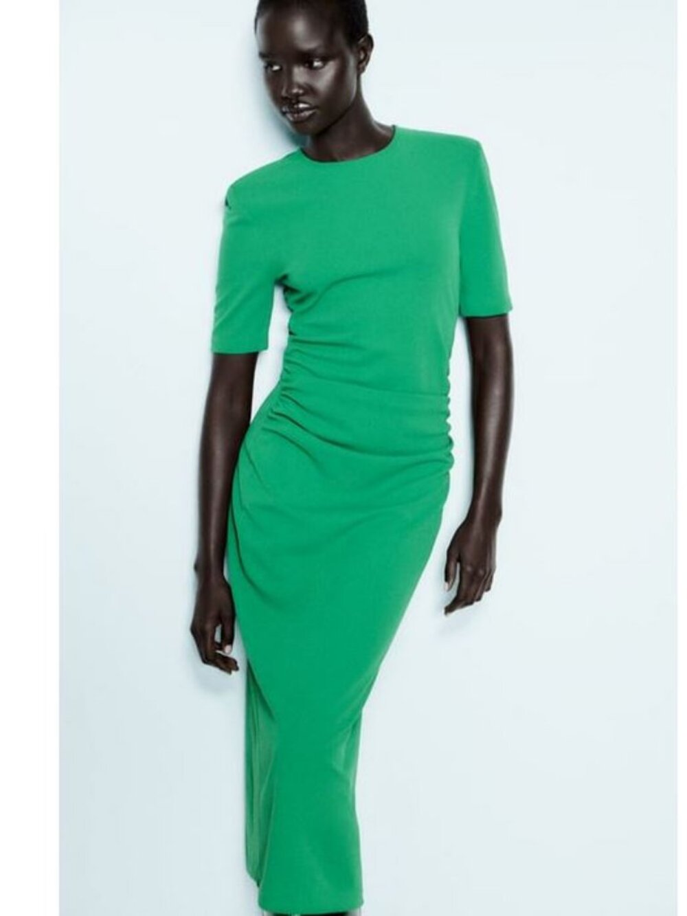 Zara Green Ruched Sudes Midi Dress with Short Sleeves, NWT, L